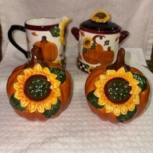 4 piece - sugar, creamer, salt and pepper. Pumpkin and Sunflower